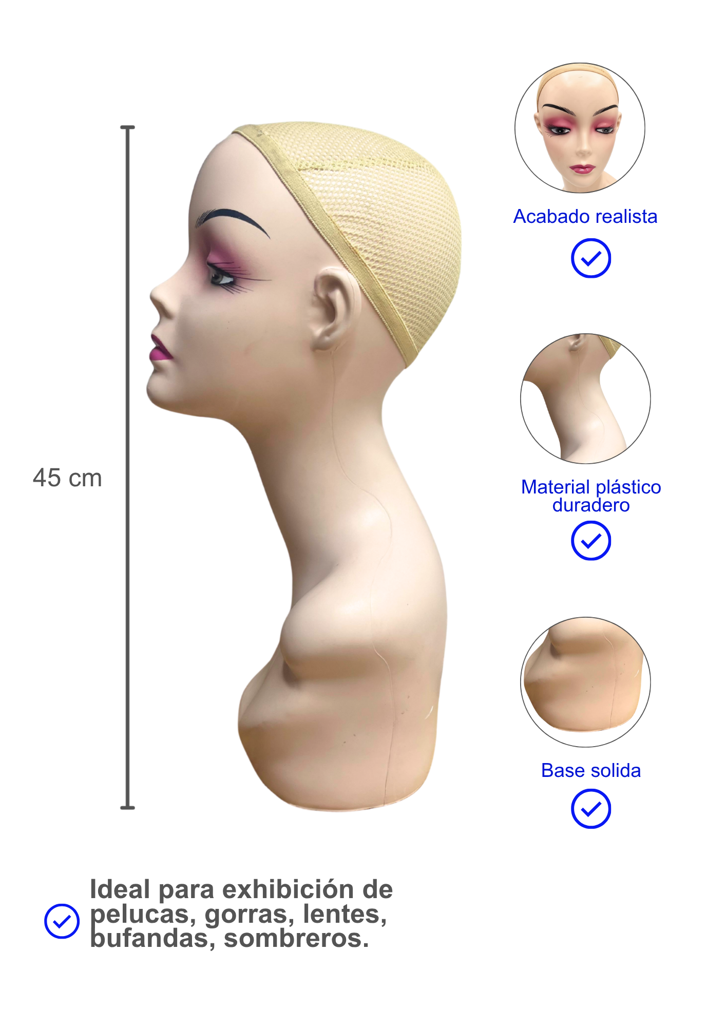 Cabezal de Dama de Plástico Maquillado (para pelucas y accesorios) - Imagen 3