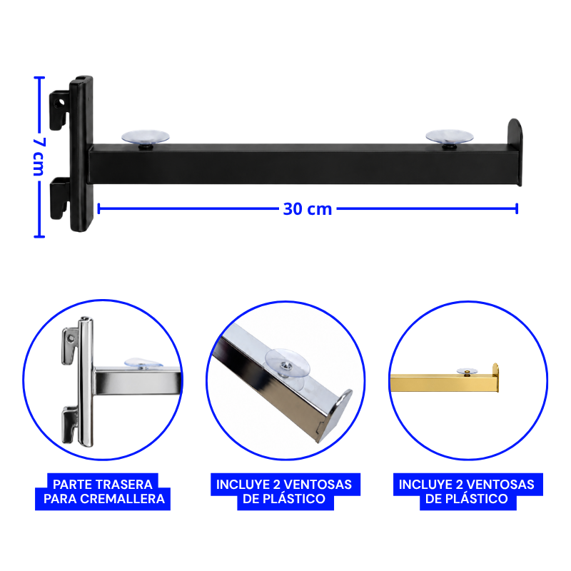 Brazo Recto para Cremallera 30 cm con Ventosas (Soporte para Repisa) - Imagen 5
